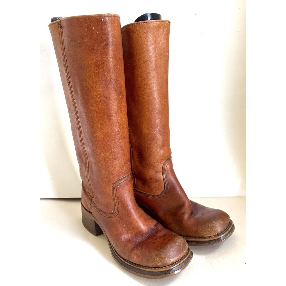 Vintage Pre-70s Frye Campus Leather Tall Square Toe Stacked Heel Boots Size 5.5